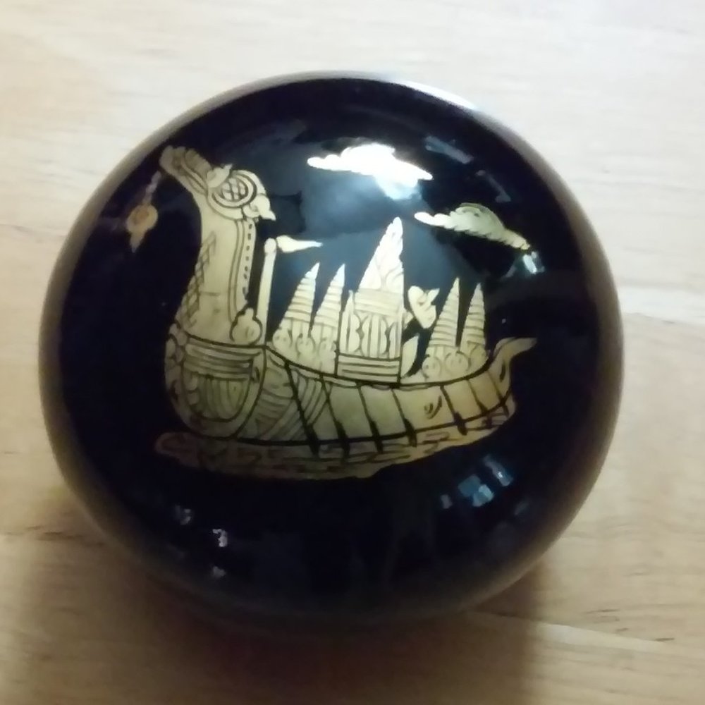Asian Bowl With Lid From Thai Shop In Thailand Blue With Gold Boat 3" x 2/1/2"